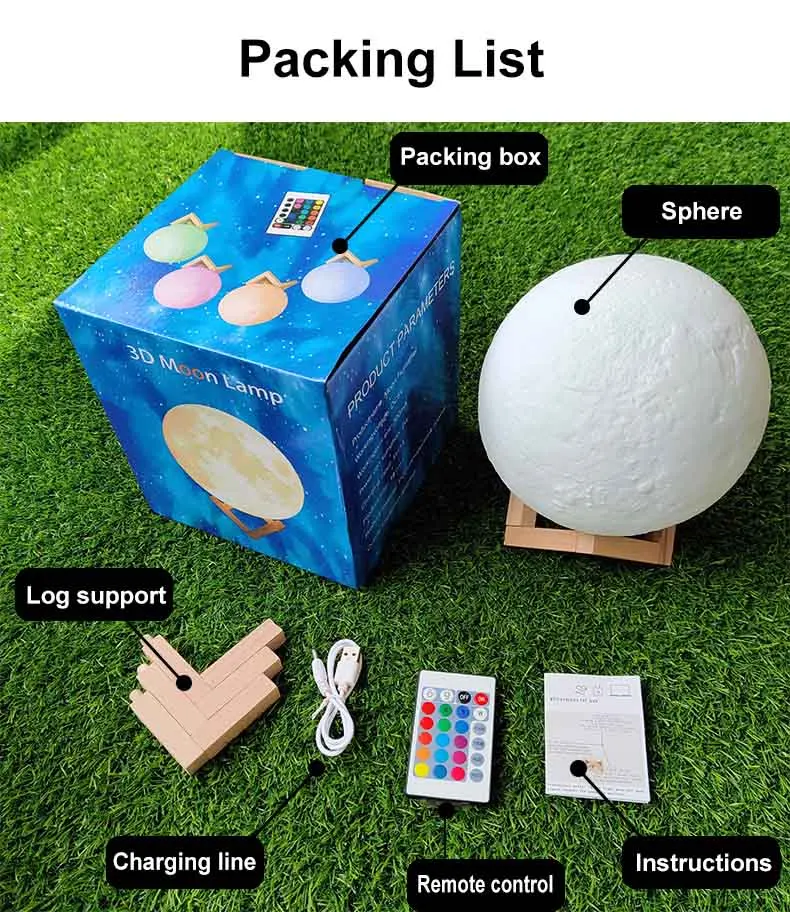 Indoor 15cm Lunar Led Modern3d Print Lamp Smart Remote Control Color