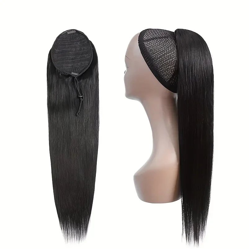 Pferdeschwanz-Extensions aus Echthaar mit Clip, 16–26 Zoll, natürliche Farbe, glatt, mit Kordelzug für Frauen_voghion.com