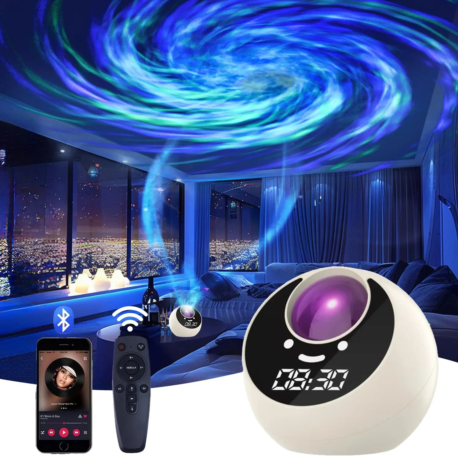 LED  Projector Light  with Timer and Remote Control White Noise Clock Night Light Projector for Kids Adults Room Decoration