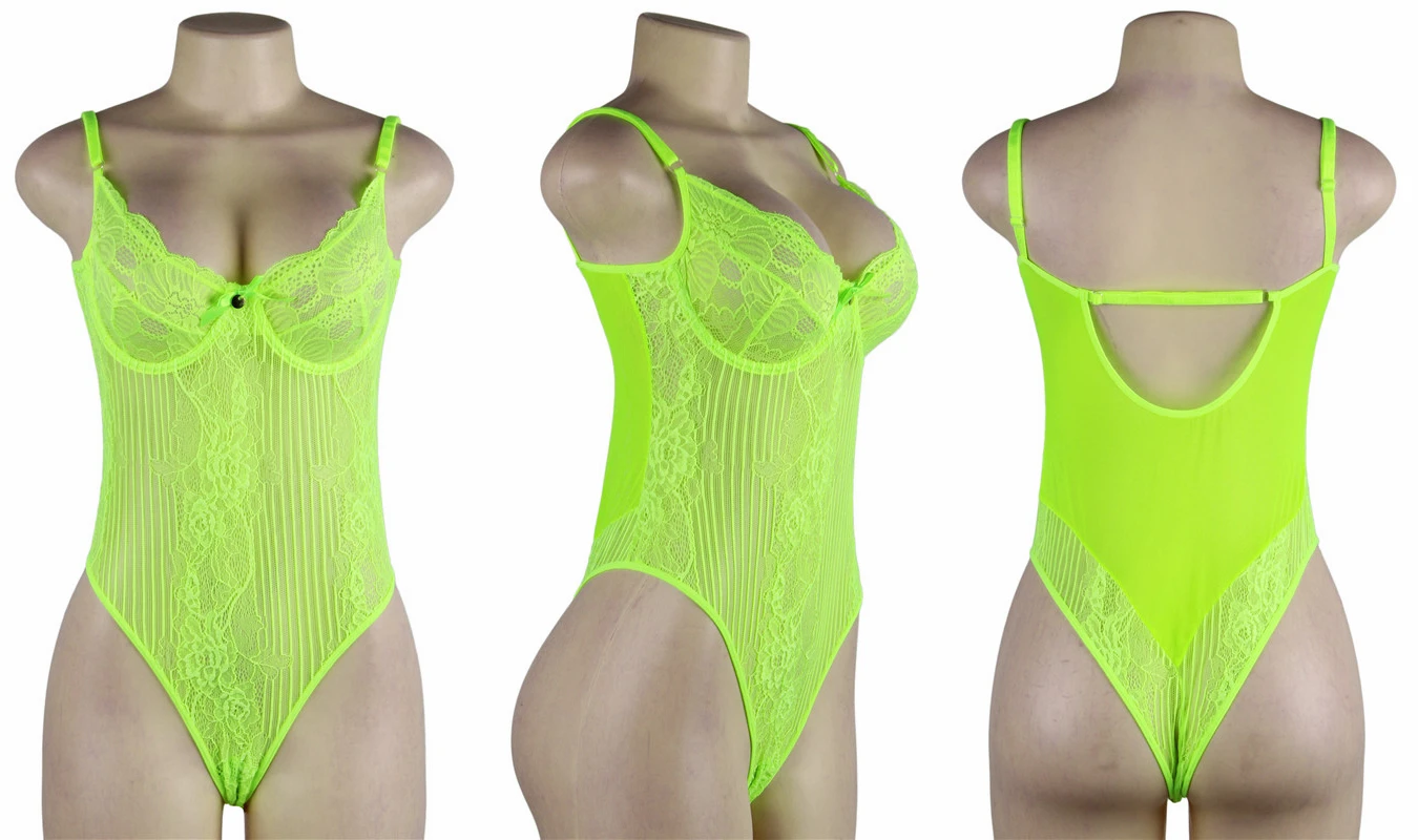 Ohyeahlady-Neon Lace Bodysuit para Mulheres, Lingerie Teddies