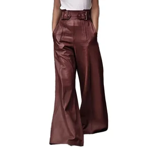 High-waisted Loose Pockets Breathable Elastic PU Leather Flared Pants Women's Casual Trousers Spring Eco-Friendly