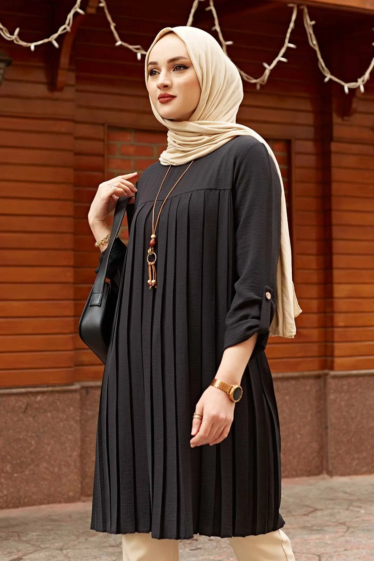 Mybatua Muslim Women Modern Brown Polyester Tunic, Trendy Casual