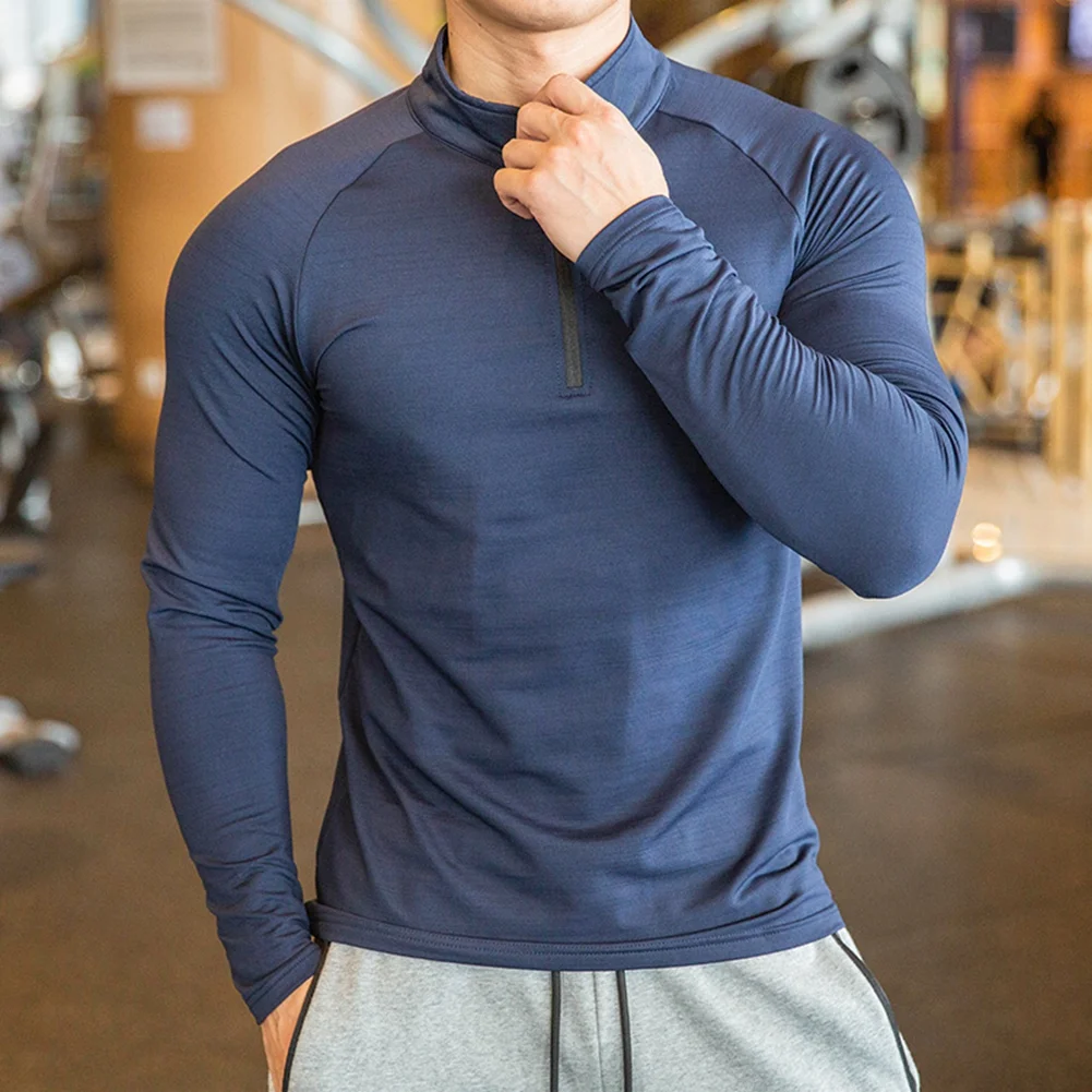 JL0907A Mens Performance GYM Quick Dry Long Sleeve Workout Top Black Athletic T Shirt Men T-Shirt Slim Fit 1/4 Zip
