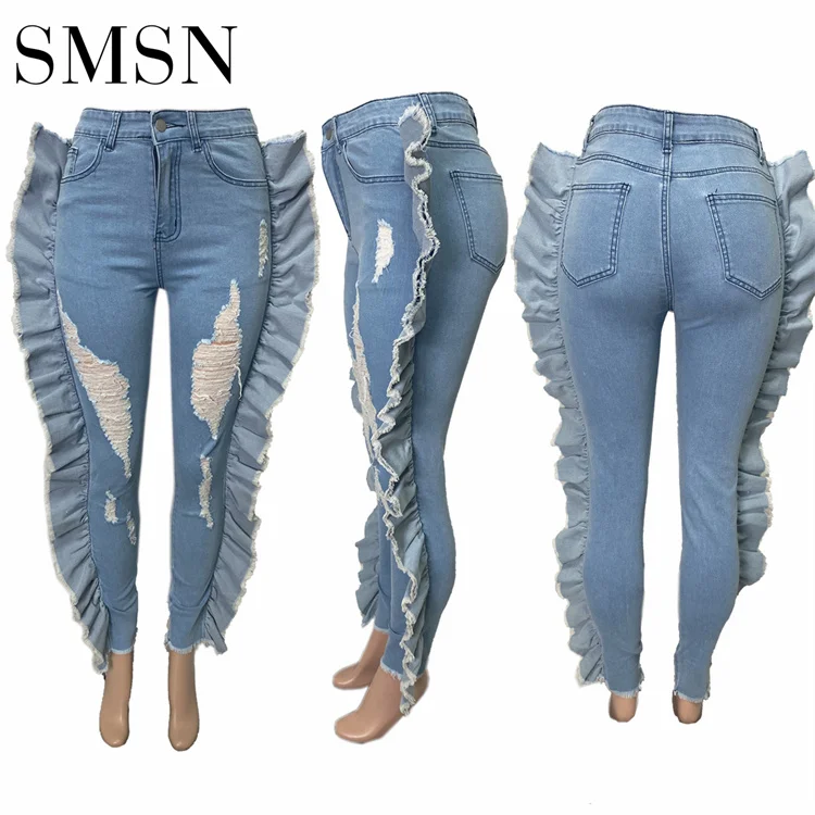 wholesale clothing Women washed personality frayed trousers high elastic denim jeans women jeans