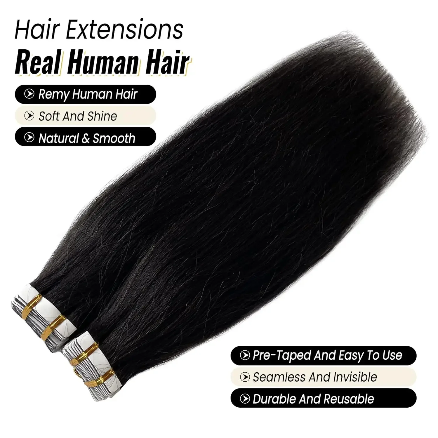 Extensiones de cabello con cinta adhesiva, cabello humano brasileño real, natural, para mujeres, color negro, 20 unidades, 50 g_voghion.com