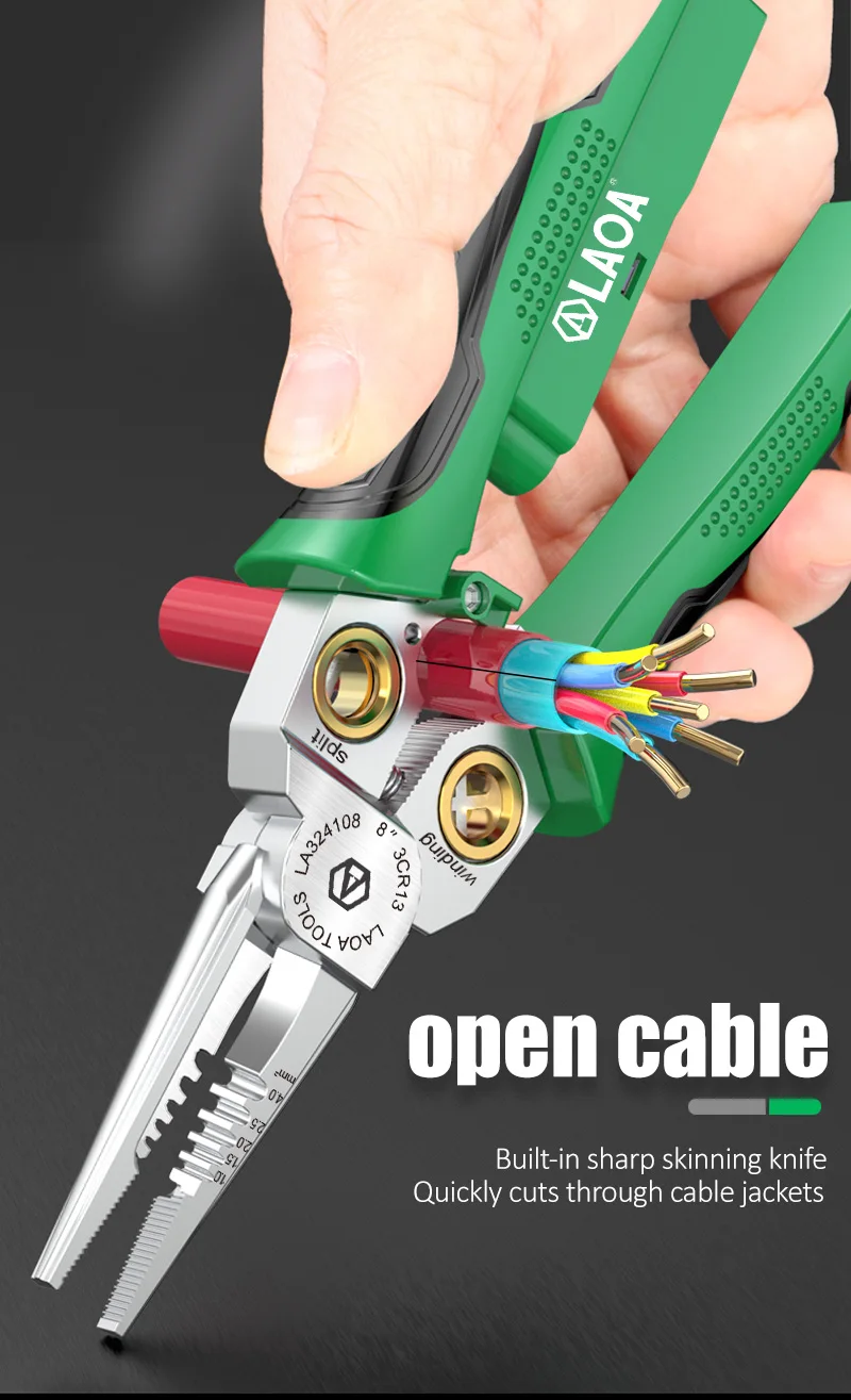Laoa 8-In-1 Stainless Steel Multifunctional Electrician Wire Stripping and Winding Pliers with Measuring Pen LA324108