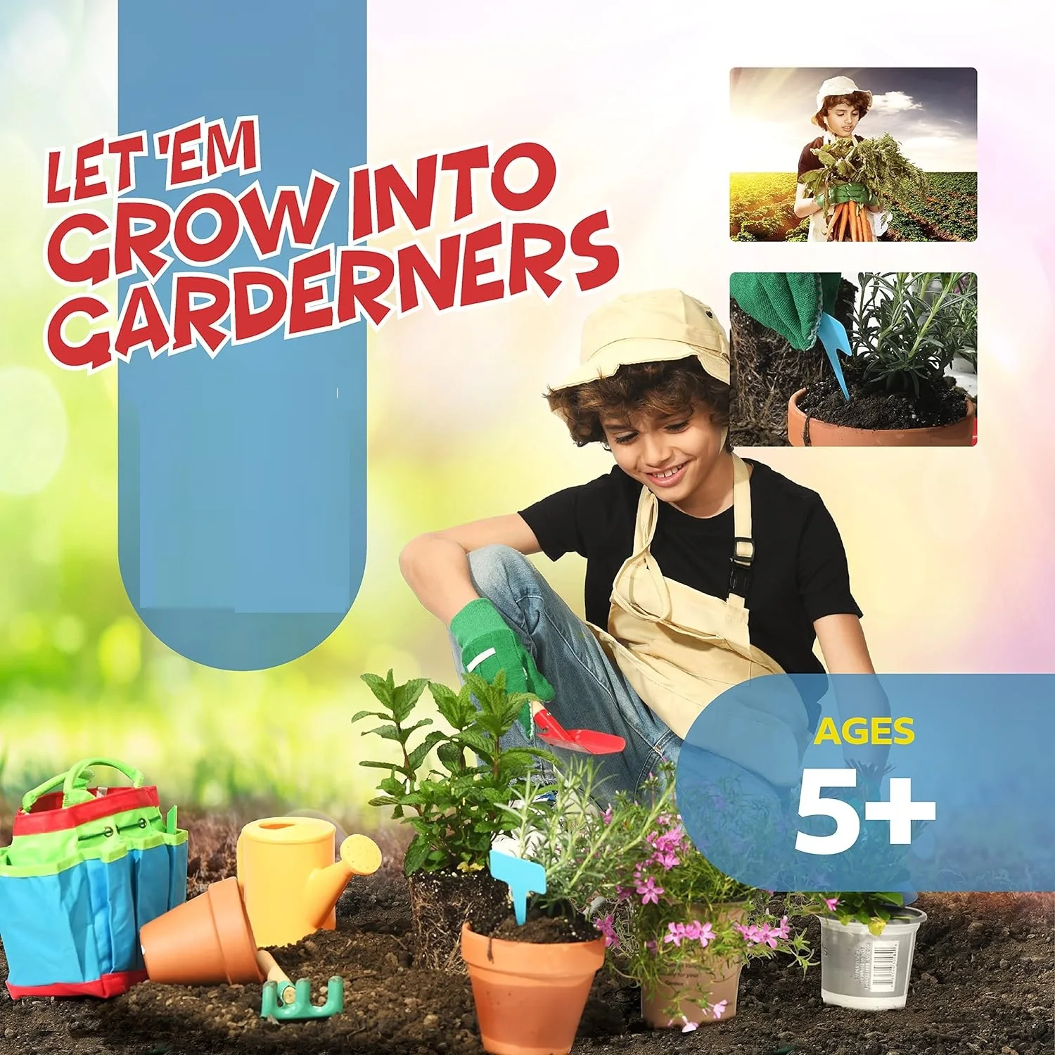 Kids Garden Tools Set Hand and Equipment Kit with Apron Gloves Shovel Fork Rake Mini Toy