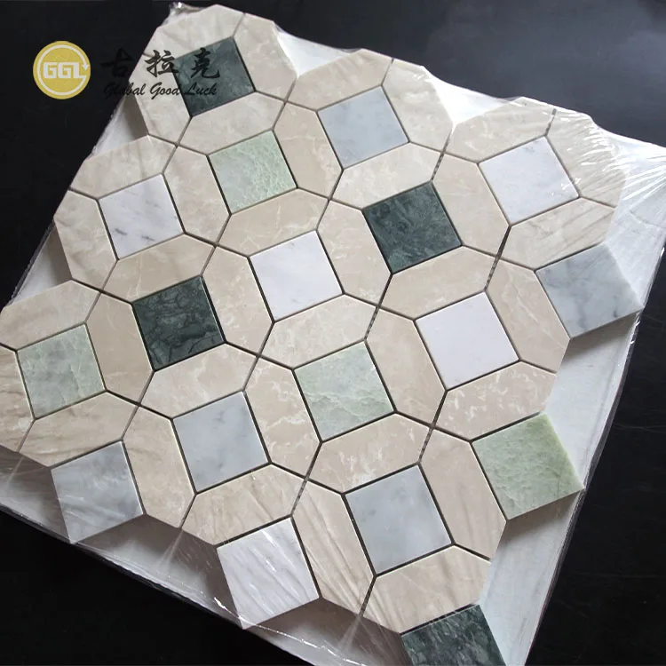 New Beige Marble Nature Stone with Green Marble Octagon Mosaic Tile for Decor