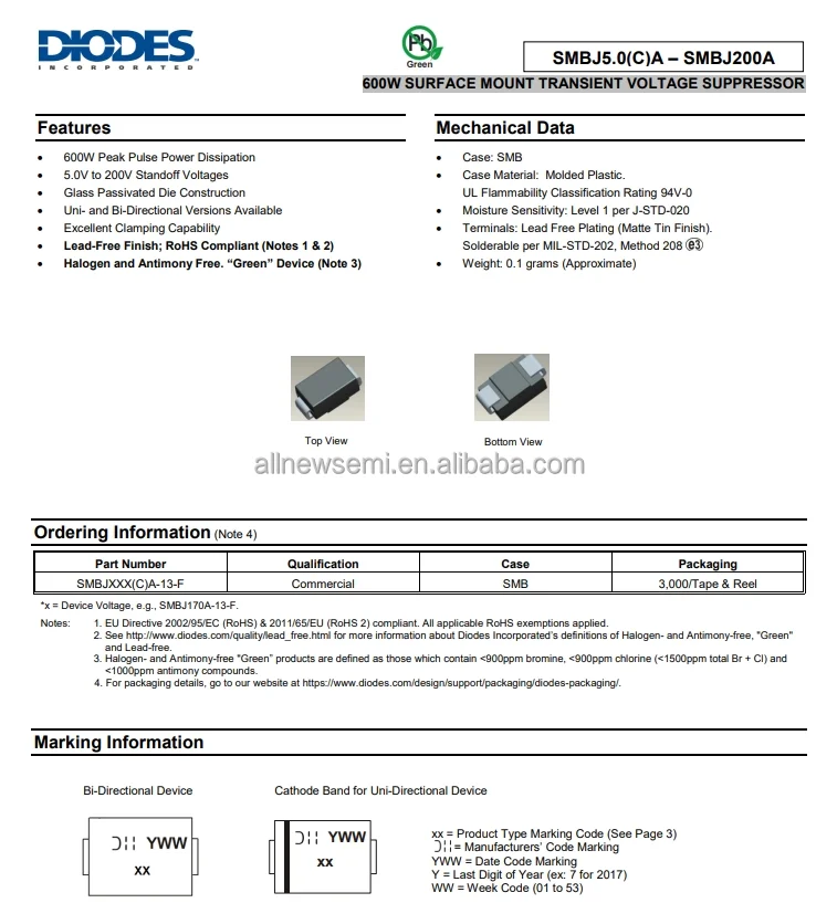 Hot sale Original SMBJ16A-13-F TVS DIODE 16VWM 26V Clamp 23.1A Ipp Tvs Diode Surface Mount SMB General Purpose