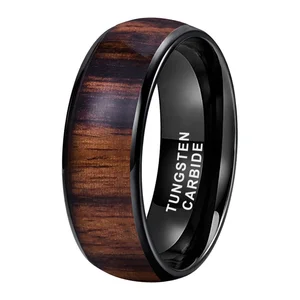 Coolstyle Jewelry 8mm Koa Wood Inlay Polished Domed Black Tungsten Ring for Men Women Engagement Wedding Band Comfort Fit