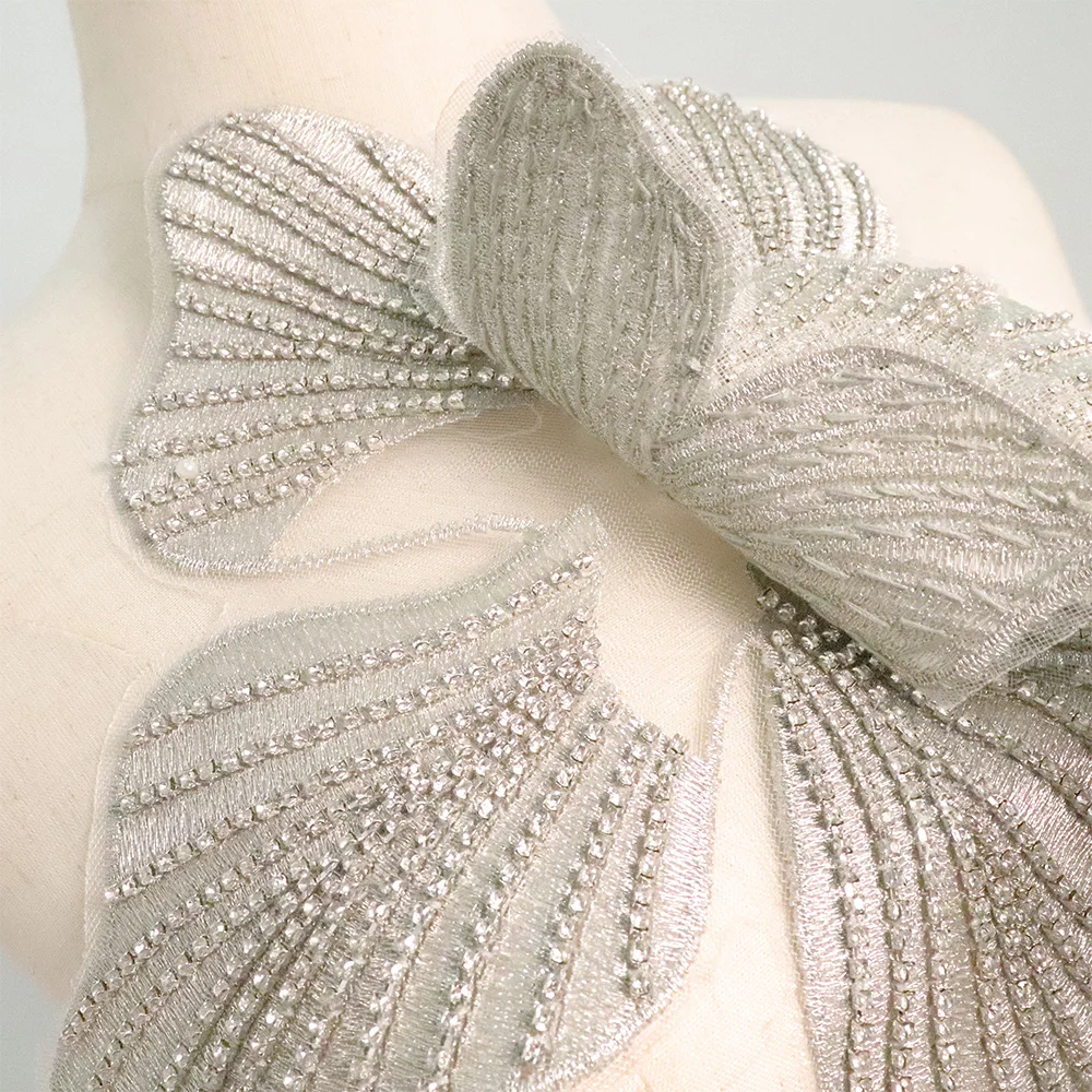 Luxury 3D Flower Beaded Patches with Silver Metallic Thread Sew-On Style Beaded Embroidered Collar Lace Applique
