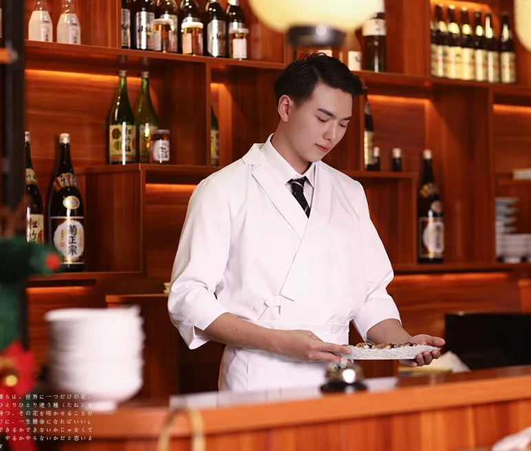 Black and White Chef Jacket and Apron Japanese Restaurant Izakaya Work Suits  Male Cooking Clothing and Sushi Chef Coat for Men