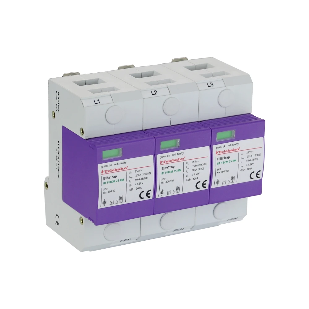 T1+T2 AC Surge Protection Device 255V 25kA 50kA 75kA 3P 3 Phase SPD for TN-C