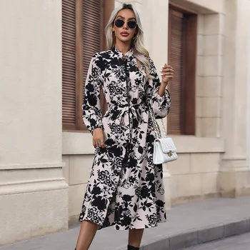 Amazon Spring 2024 New European and American Women's Printed Stand-Up Collar Long Sleeve Dress lady girl clothing