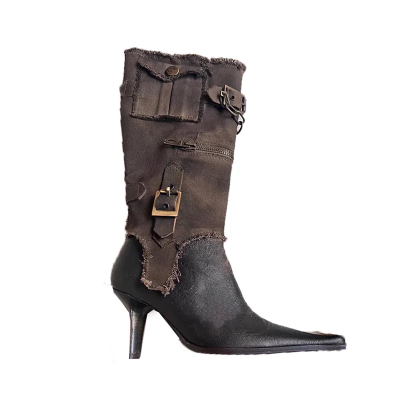 2024 Ladies Genuine Leather Knee High Boot Pointed Toe High Heel Buckle Straps Removable Women Western Cowboy Boots - Image 5