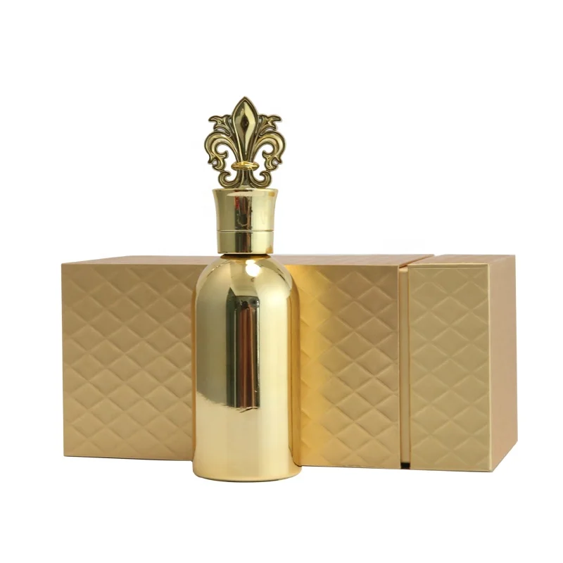 Custom Logo 50ml 100ml 200ml Delicate Shaped Cap Electroplating Shiny Gold Coating Perfume Bottles With Packing Box