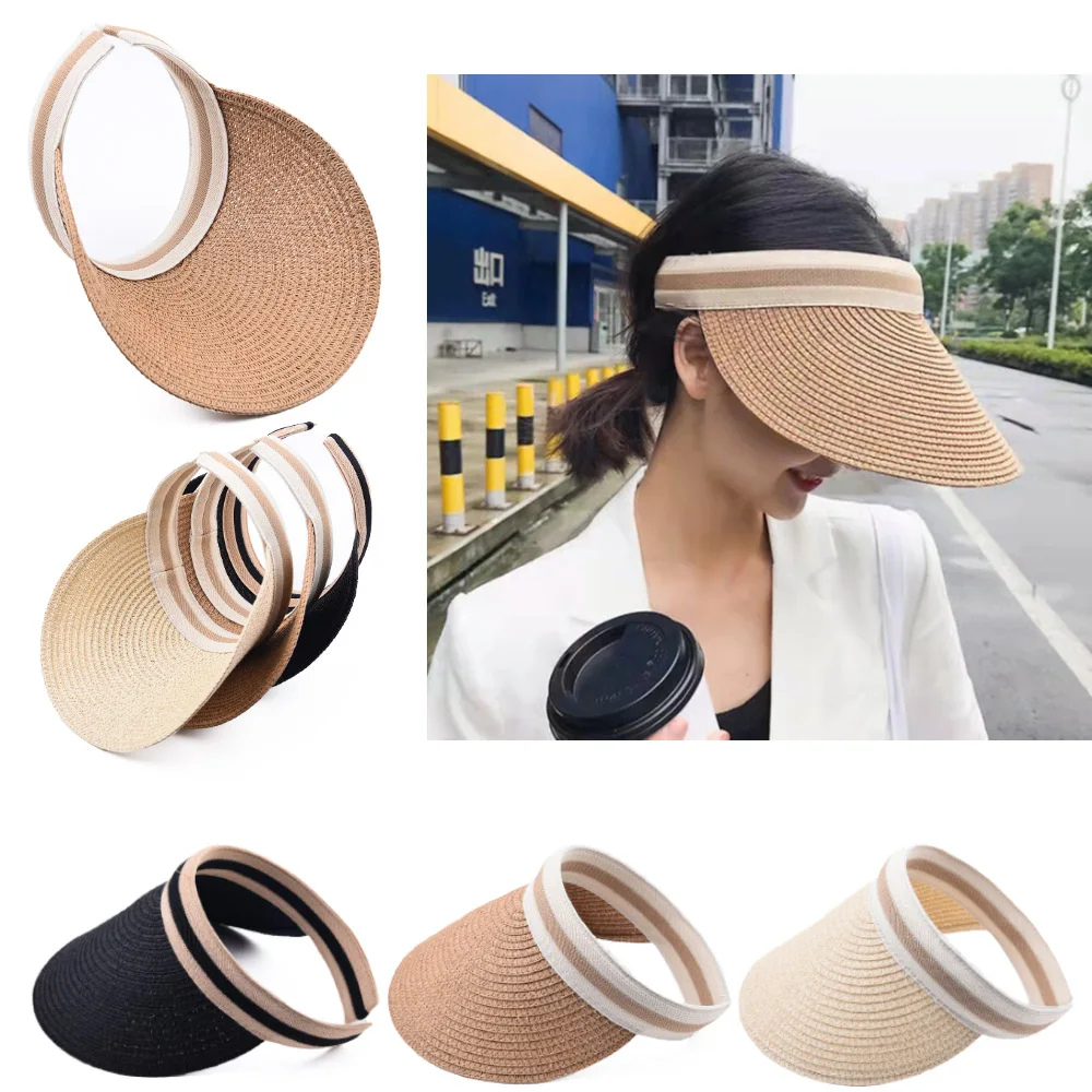 FF482 Custom Striped Solid Color Sun Hat Wide Brim Golf Sports Caps Summer UV Protection Cap Ponytail Visor Straw Hats