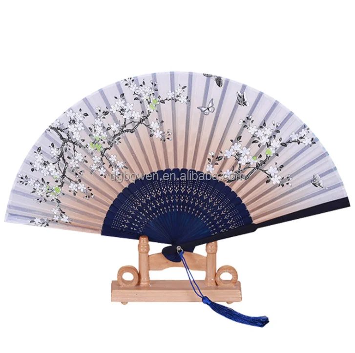 Chinese Hand Fan Folding Silk Bamboo Retro Printing Wedding Party GiH HN 