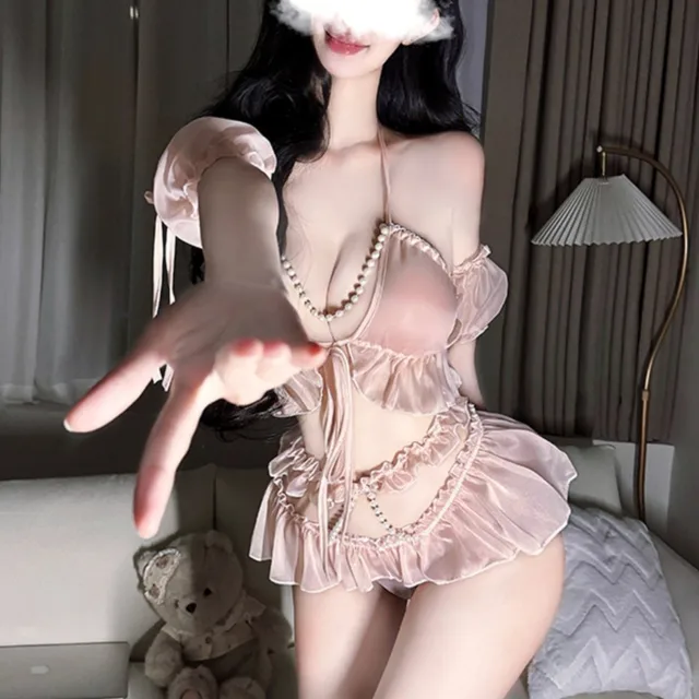 Female Pink Sexy Lingerie Set No-Take Pleated Skirt Halter Bodycon Dress Nightdress Uniform for Halloween Temptation Maid Pearl