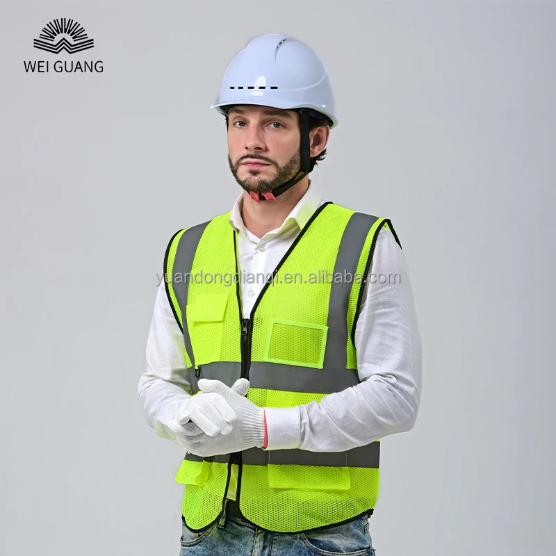 Functional  High Brightness Engineer Construction Warning Jacket Fluorescent Yellow Traffic Reflective Safety Vest With Zipper