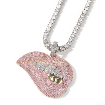 Hip Hop Pendant Pink CZ Iced Out Lip Pendant White Gold Plated Women Sexy Lip Pendant