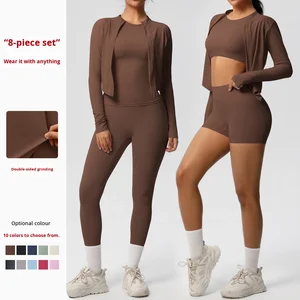 Women's Eight-Piece Training Yoga Set Ready Stock Cross-Border Double-Sided Brushed Tight-Fitting Breathable Solid Color Sports