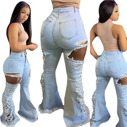 C1623 - new fashion sexy ripped hollow out flare women jeans