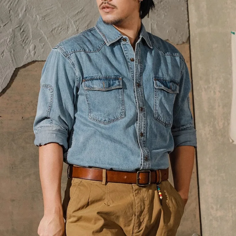 American Retro Western Cowboy Shirt Men Amekaji Long Sleeve Casual Denim Workwear Washed Tough Guy Jacket