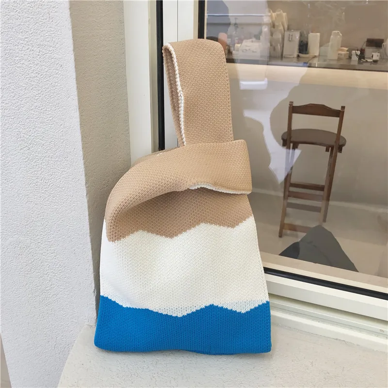 New Arrival Simple Rainbow Colorful Crochet Wave Women Handbag Knitted Shoulder Casual Lady Mini Portable Wrist Knot  Bag