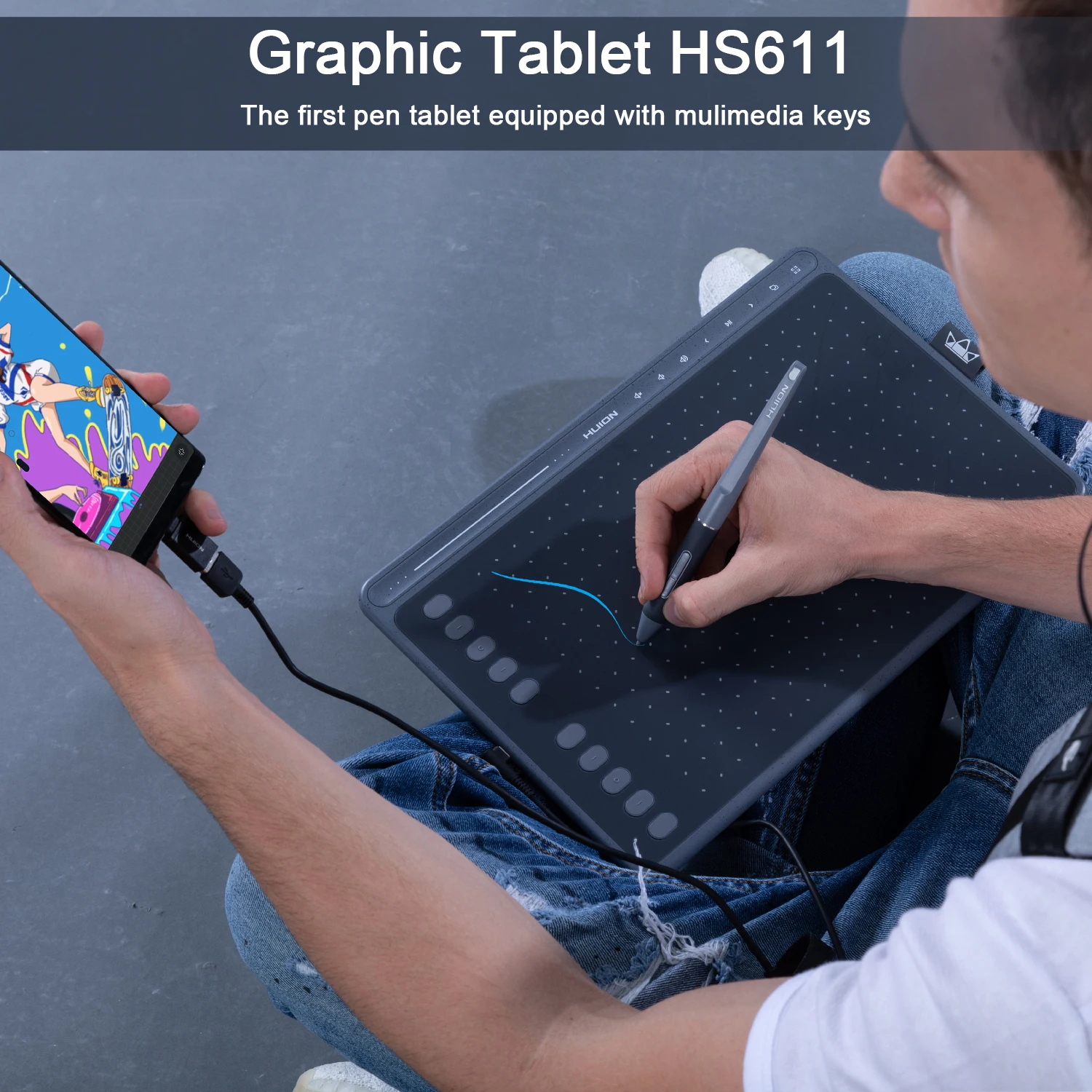 HUION HS611 Graphics Drawing Tablet Android Supported Pen Tablet Tilt  Function Battery-Free Stylus 8192 Pen Pressure With Multimedia Keys 10  Express