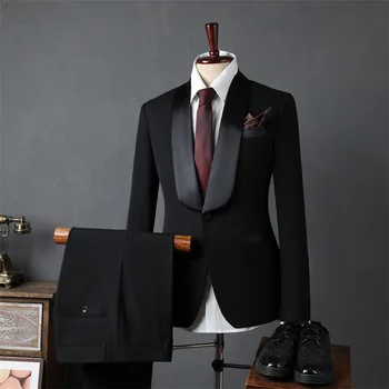 High-Grade Men's Slim-Fit Wedding Suit High-Set Collar Zipper Fly Pants Business Style Long Dress for Weddings Banquets
