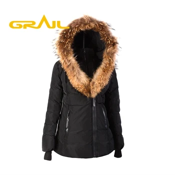 Hot product plain dyed long women down duck coat parkas with brown fur collar