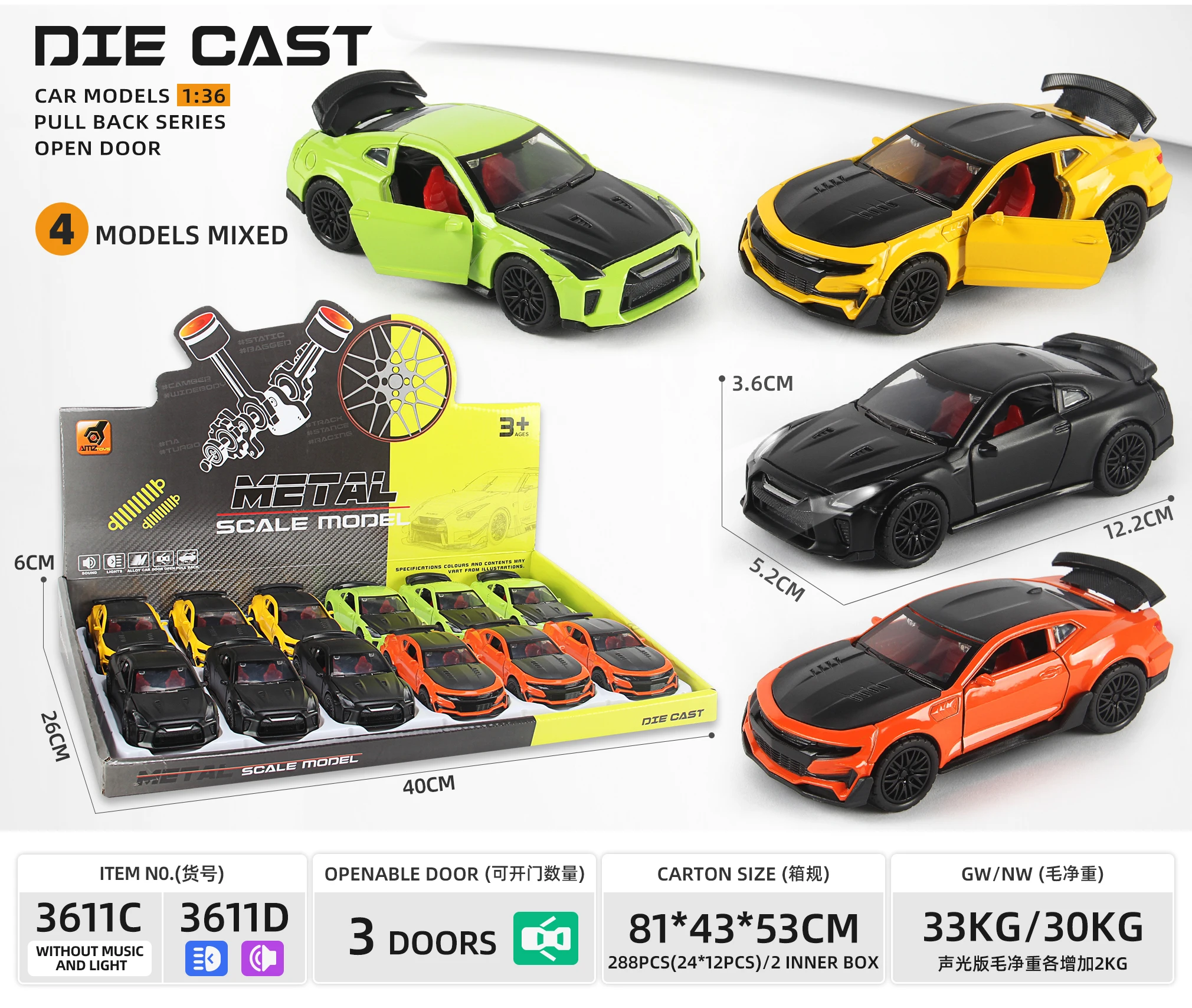 1:36 Scale Alloy Diecast Cars with Light & Sound, Pull Back Action