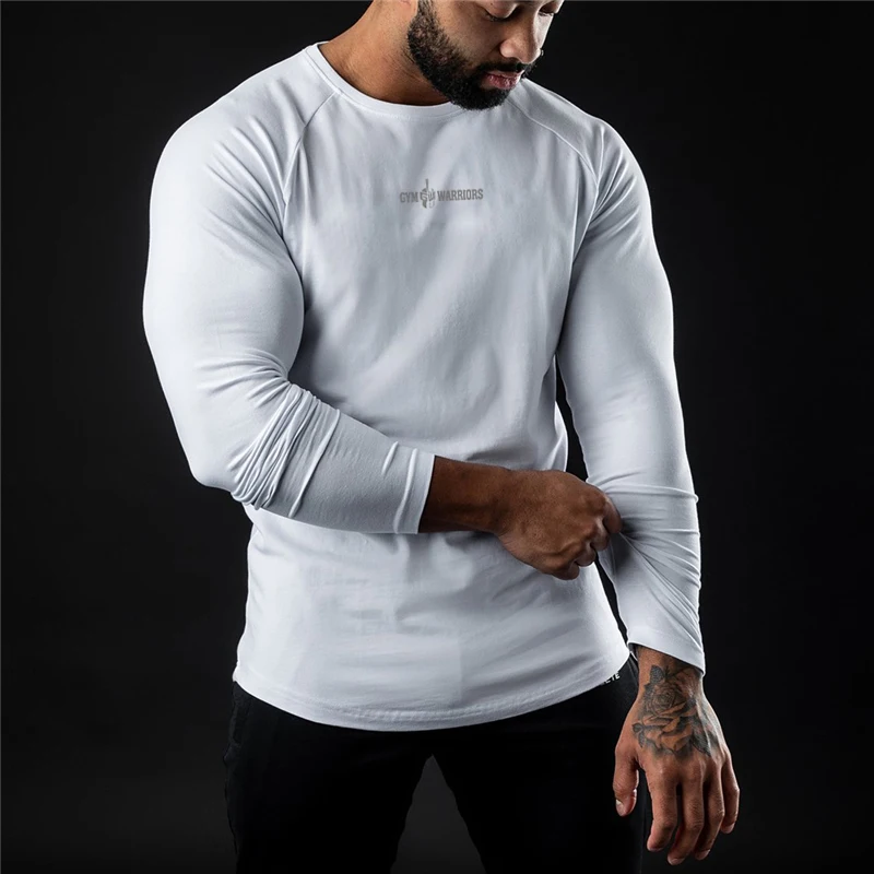 Cotton Elastane Muscle Slim Fit Crewneck Custom Factory Support Wholesale Gym Fitness Clothing Mens Long Sleeve T Shirt