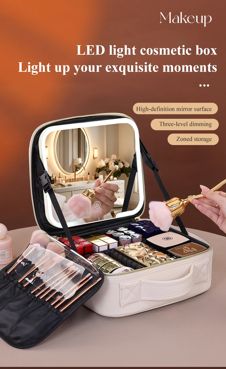 Travel Bags Box Led Light Large Capacity Makeup Case Storage Bag Waterproof PU Cosmetic Case with Led Lights and Mirror
