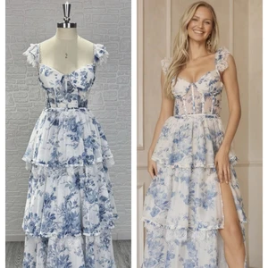 Modern Timeless Elegant Euro - American Floral Print Ruffled V Neck Maxi Dress with Side Slit