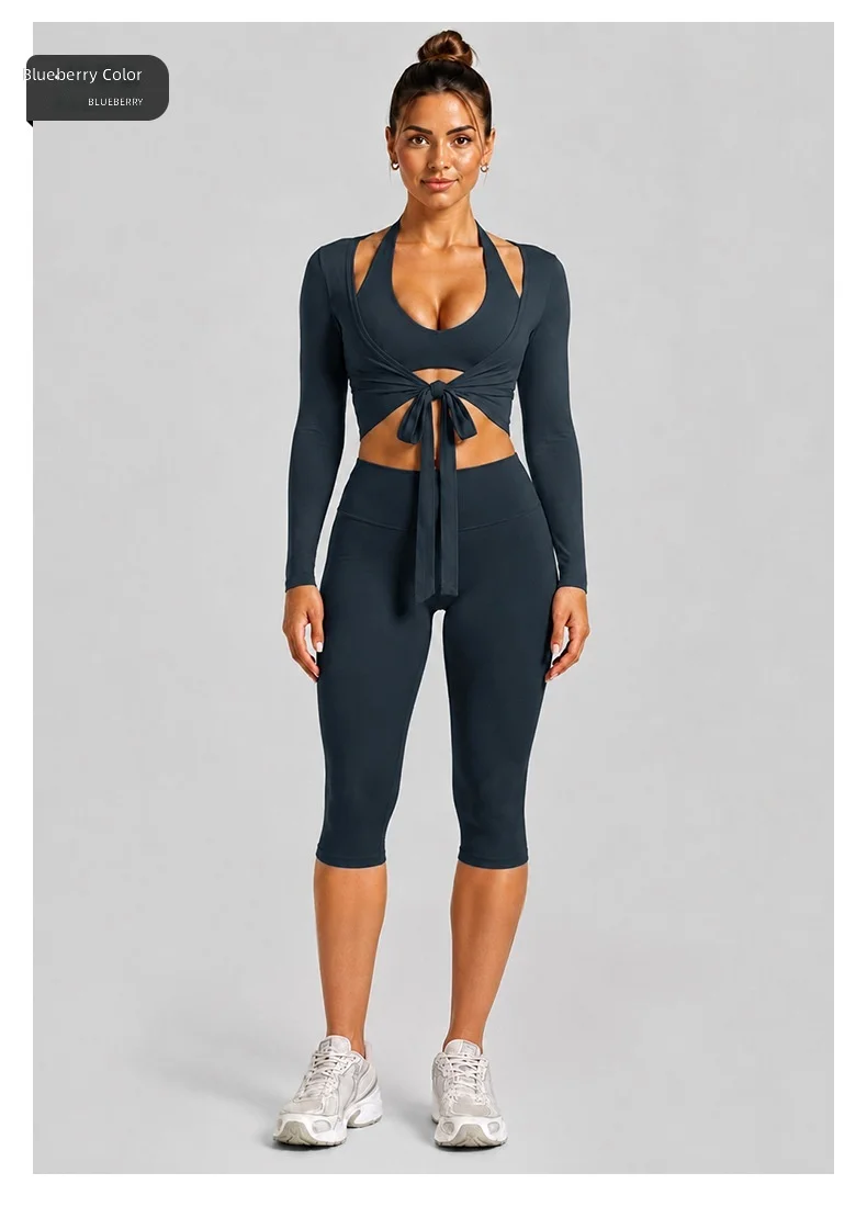 Quick Dry 3 Piece Yoga Set Halter Sports Tank Tie Front Long Sleeve Shrug High Waist Biker Shorts 4 Way Stretch — detail
