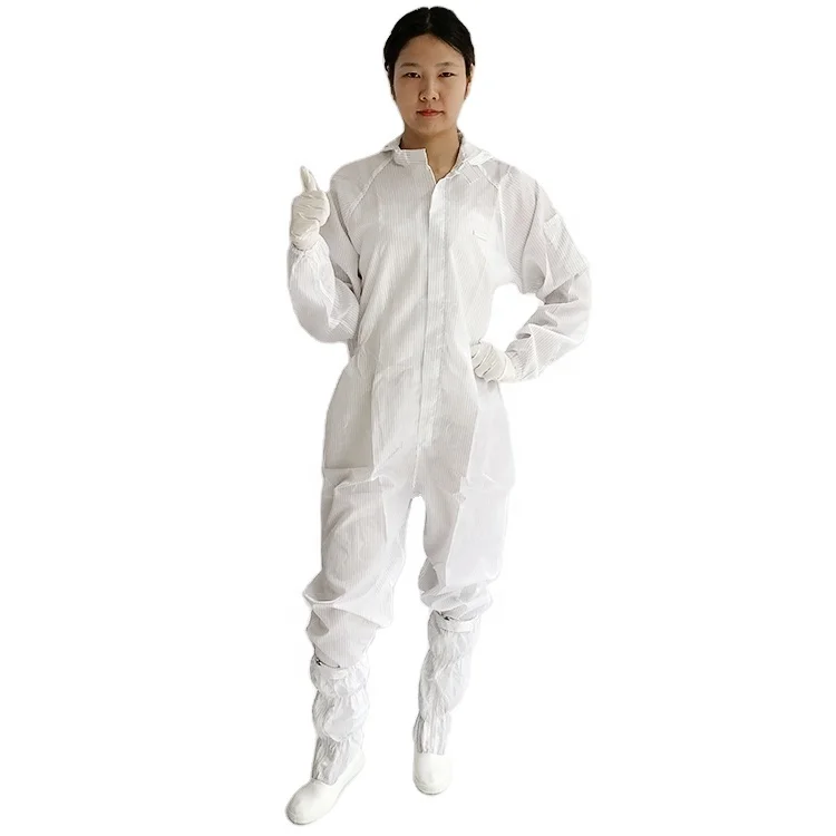 Polyester 2 % conductive fiber Hooded Anti-Static Stripe Clean room  Coverall