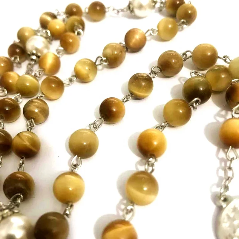 Rare 8MM Yellow Tiger Eye Jade Beads Rosary Cross CRUCIFIX CATHOLIC NECKLACE