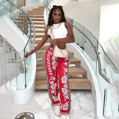 Side Tassels Patchwork Striped Print Jogger Pant Women Rave Festival Clothing 2021