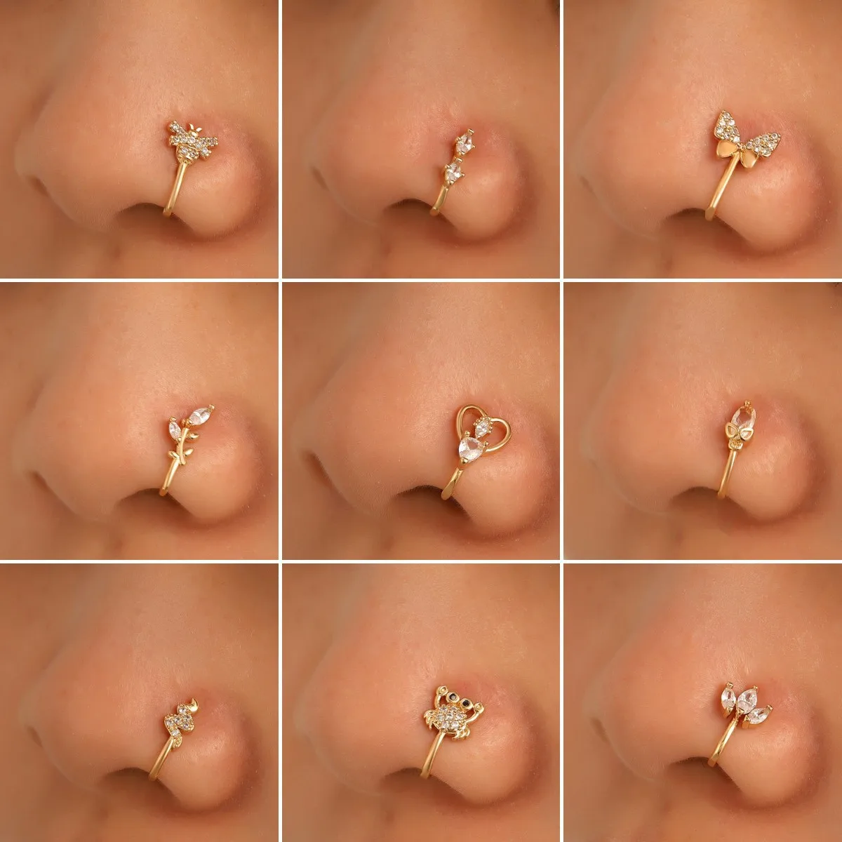 2022 New Trendy Luxury 20 Styles Arrow butterfly Crown Bee love Heart Gold Plated U Shape Non Piercing Nose Rings