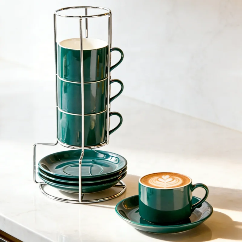 Conjunto Empilhável de Xícara de Café em Cerâmica e Pires | Conjunto de 4 Peças com Xícaras de 3 oz/5 oz/8 oz/10 oz e Suporte Metálico | Para Espresso/Latte/Cappuccino/Chá/ Presente