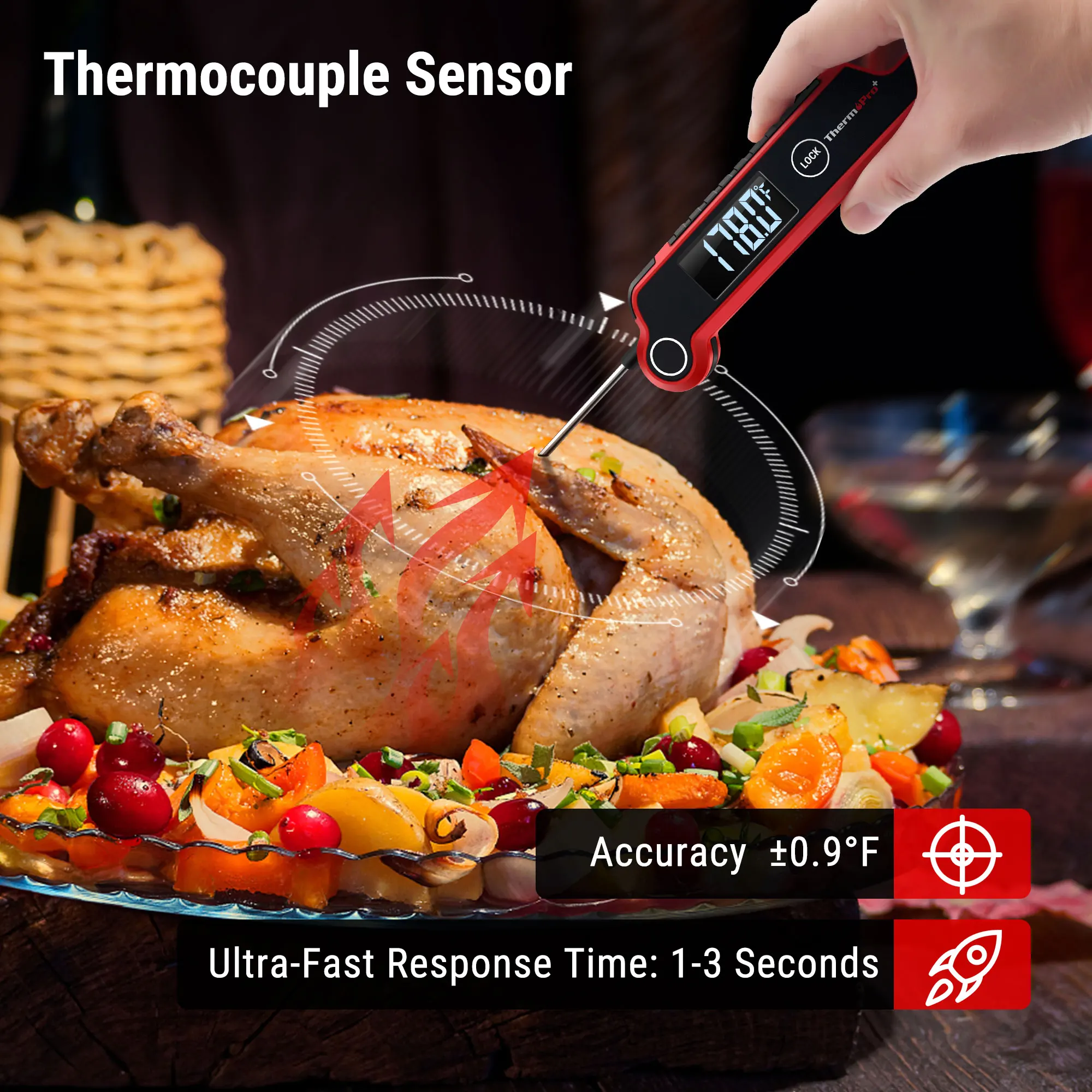 1pc, Meat Thermometers, Double Probe Meat Thermometer With Alarm,  Rechargeable Instant Read Food Thermometer With Rotating Lcd Screen,  Waterproof Cook