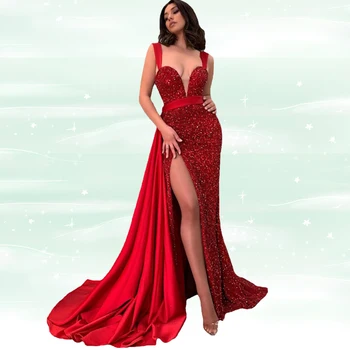 XUYA Elegant Women Red Evening Dresses Extreme Sexy Slit Long Sequin Party Gown Evening Dress