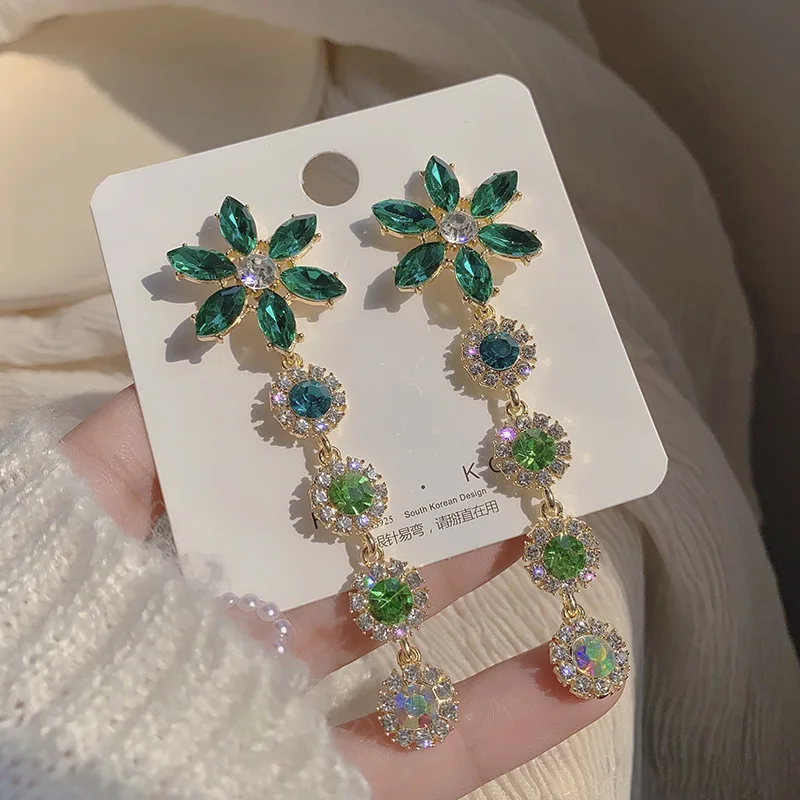 Personality Exaggeration Long Tassel Drop Earrings for Women 2020 Green  Flower Crystal Dangle Earrings Jewelry Gifts (KER583)