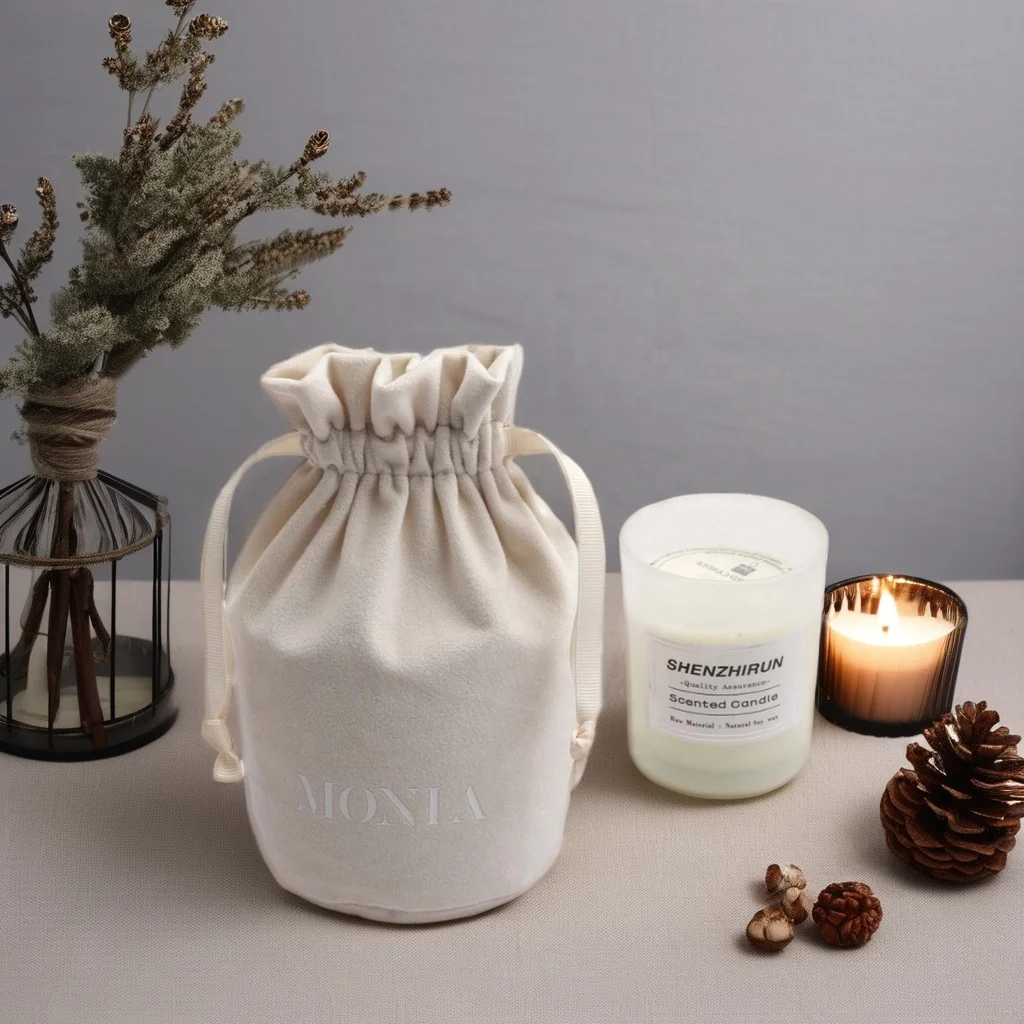 High Quality Round Bottom Candle up Cosmetic Packing Velvet Pouch Custom Logo Printed Velvet Drawstring Bag for Candle
