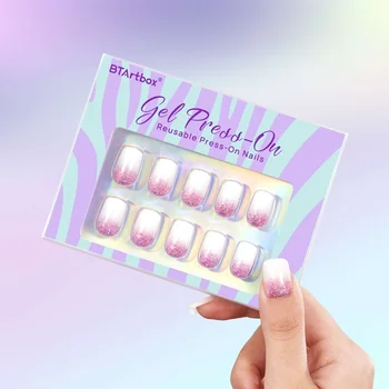 BTArtbox Short Square Oval French Designed Pink Glitter Nude Solid White Custom Wholesale Price 30pcs Nails Press Ons With Box
