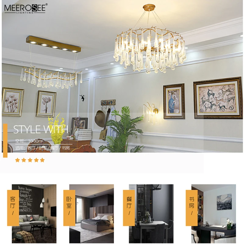 Meerosee Zhongshan Luxury gold pendant light Iron Teardrop Crystal chandelier for Hotel Villa MD86757