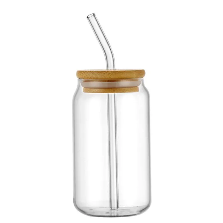 Wholesale Glass Can 16oz Beer Can Glass With Bamboo Lids and Glass