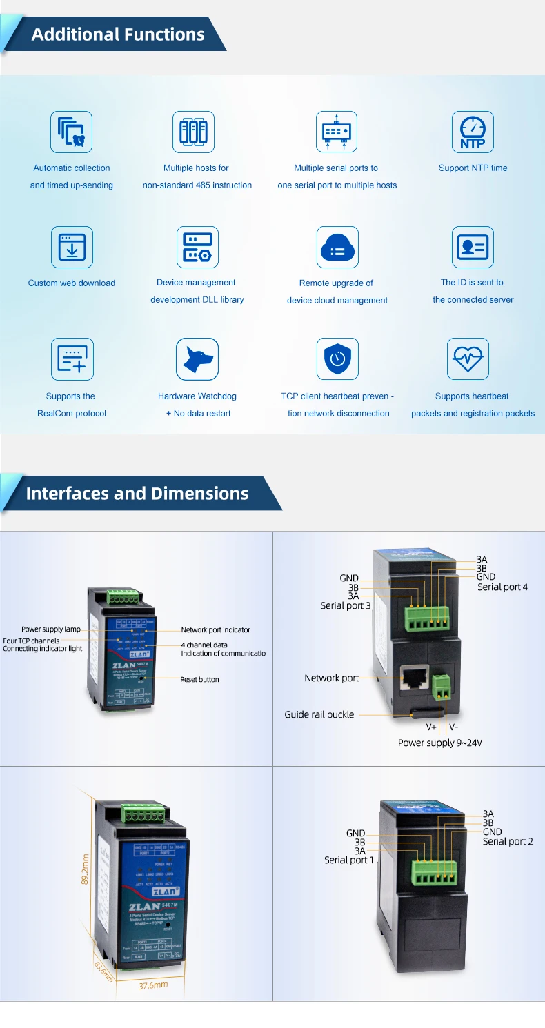 Tcp/ip To Rs485 Converter Zlan5407m Small Size Modbus Mqtt 4 Ports ...